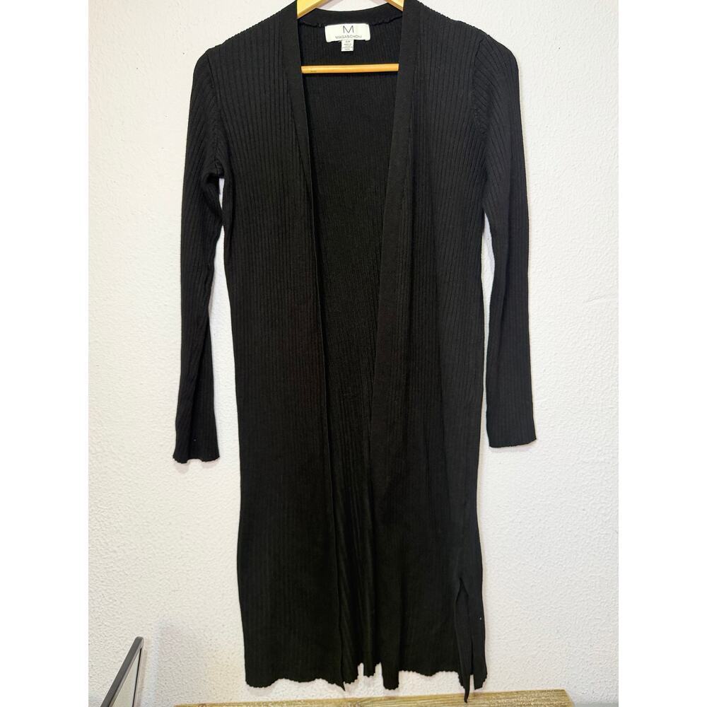 Magaschoni Black Cardigan Ribbed Knit Womens Open Front Size S/P Knee Length